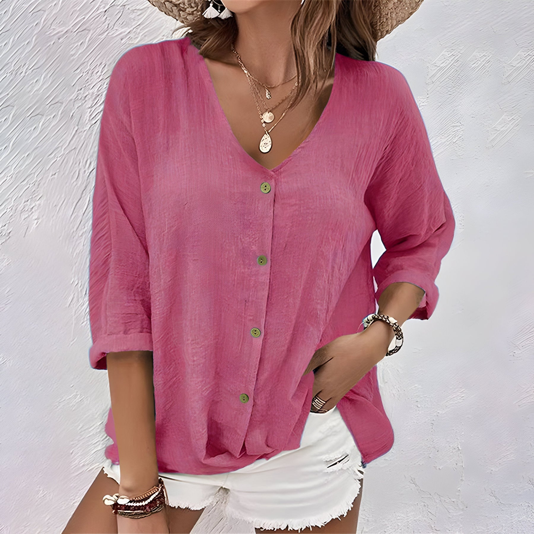 Relaxed Linen Blouse with V-Neckline and Button Front
