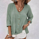 Relaxed Linen Blouse with V-Neckline and Button Front