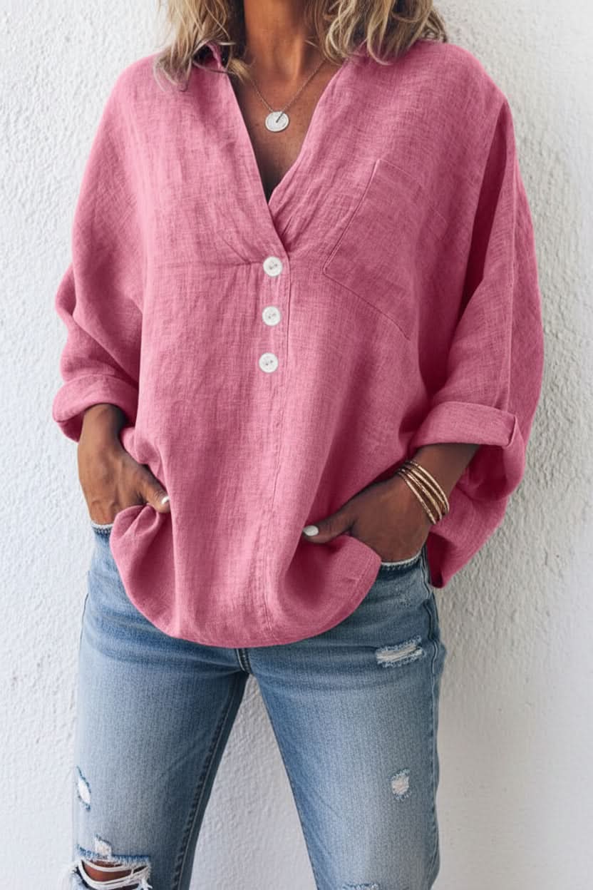 Relaxed Linen Blouse with V-Neckline and Chest Pocket