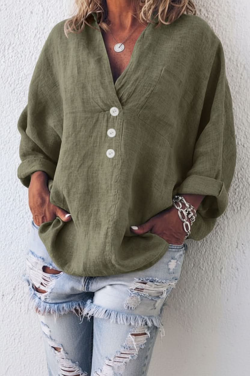 Relaxed Linen Blouse with V-Neckline and Chest Pocket