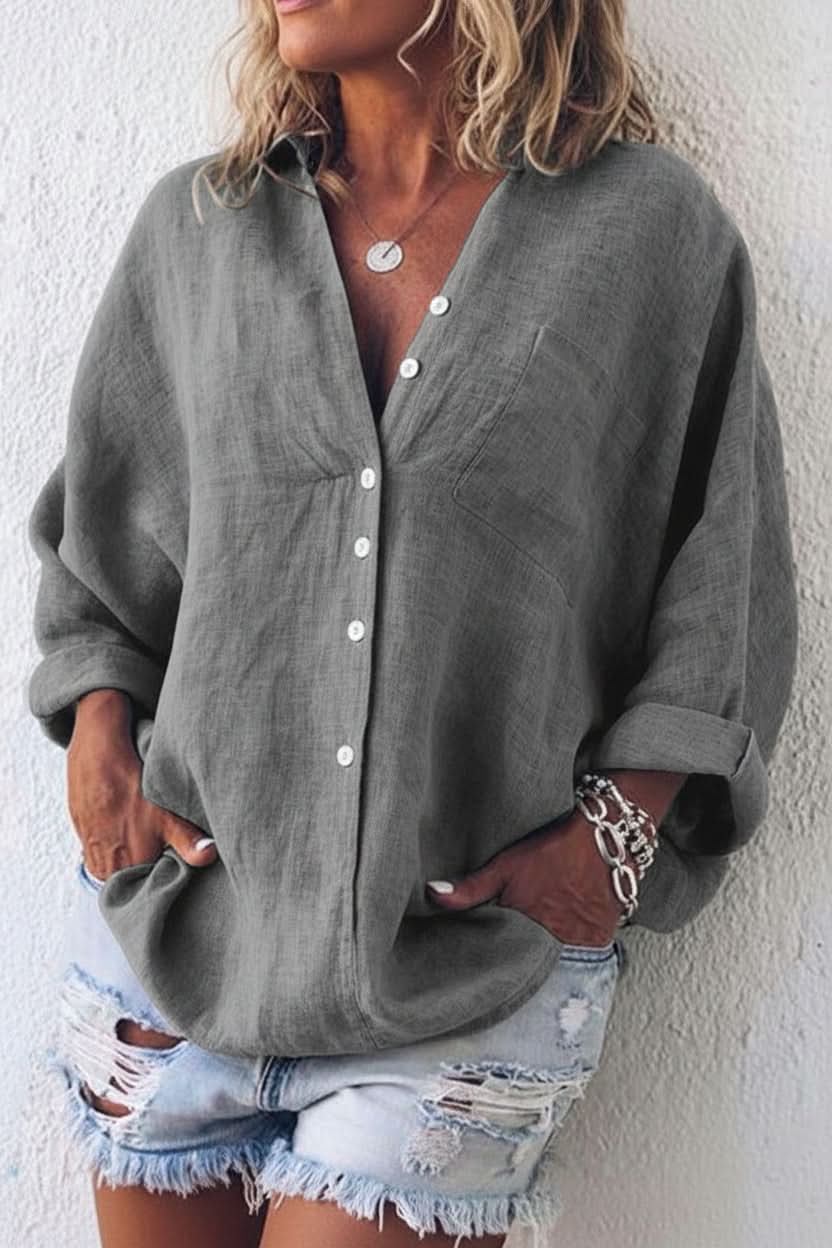 Relaxed Linen Blouse with V-Neckline and Chest Pocket