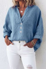 Relaxed Linen Blouse with V-Neckline and Chest Pocket