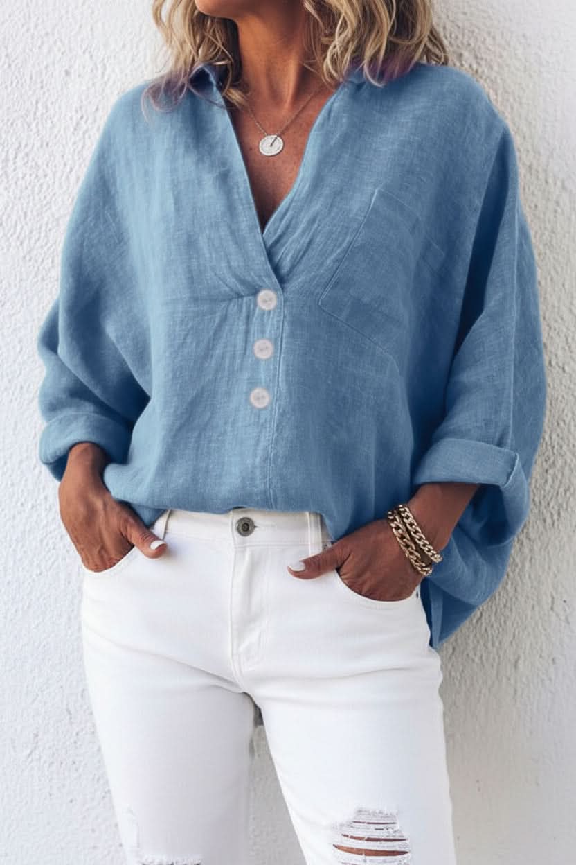 Relaxed Linen Blouse with V-Neckline and Chest Pocket