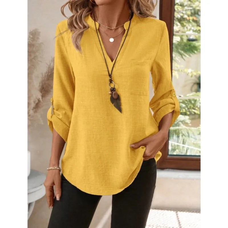 Relaxed Linen Blouse with V-Neckline and Roll-Up Sleeves