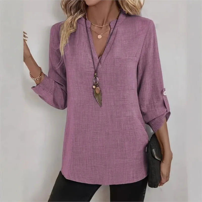 Relaxed Linen Blouse with V-Neckline and Roll-Up Sleeves