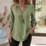 Relaxed Linen Blouse with V-Neckline and Roll-Up Sleeves