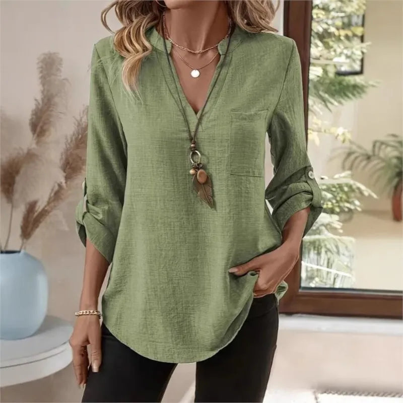 Relaxed Linen Blouse with V-Neckline and Roll-Up Sleeves