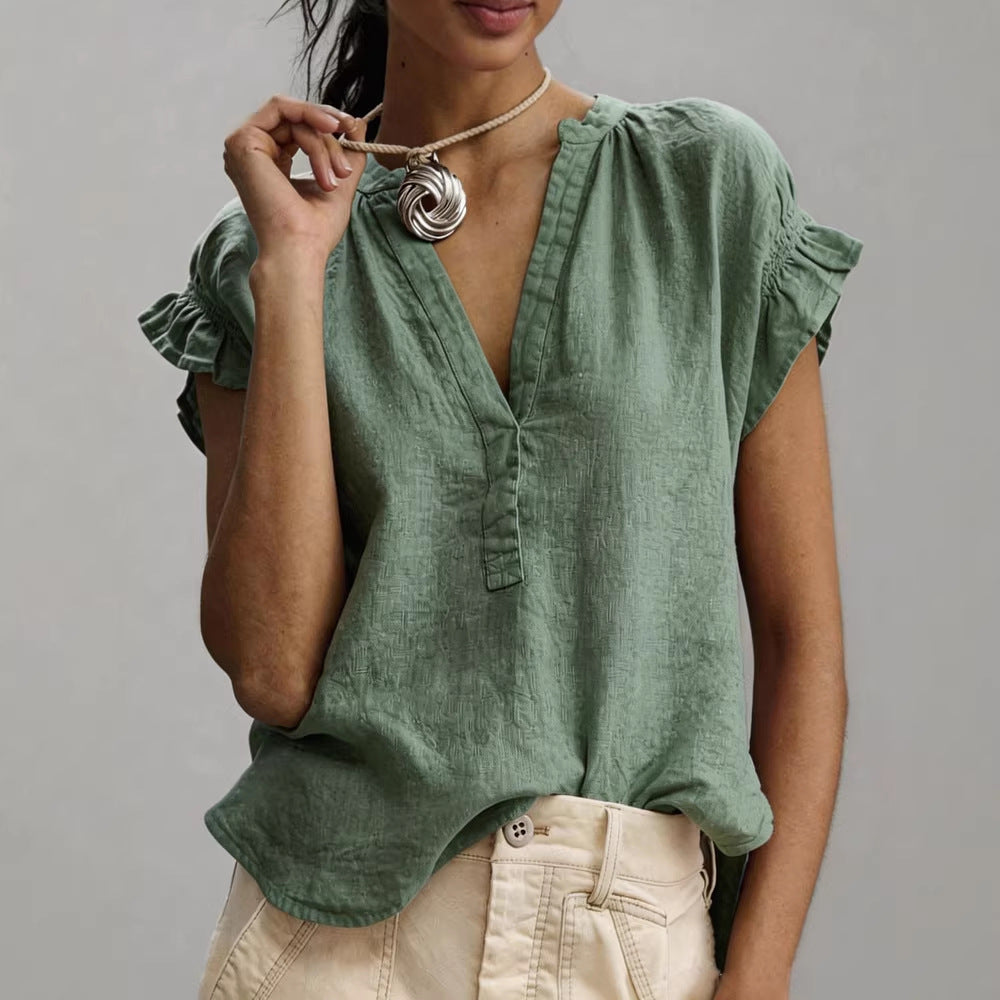Relaxed Linen Blouse with V-Neckline and Ruffle Sleeves