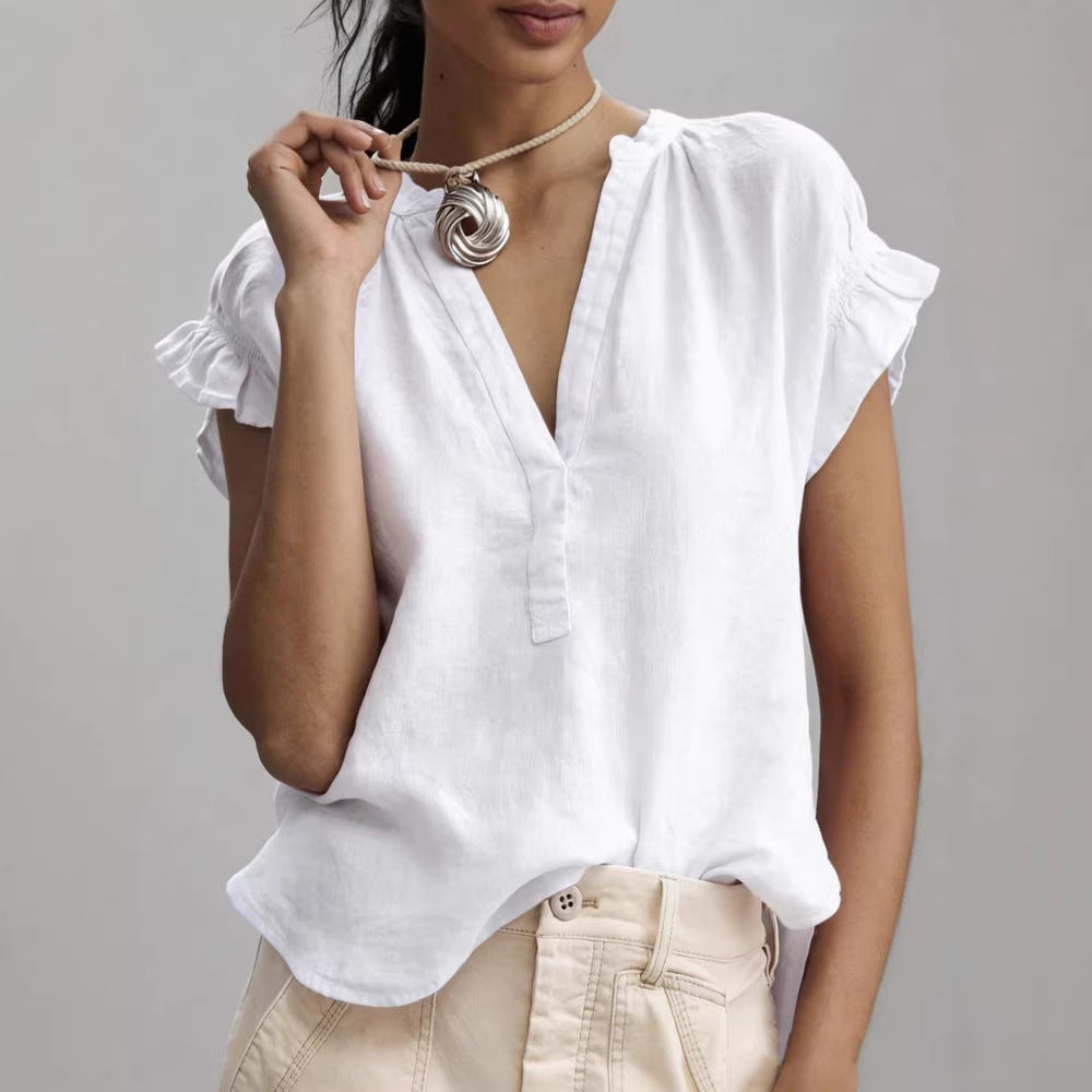 Relaxed Linen Blouse with V-Neckline and Ruffle Sleeves