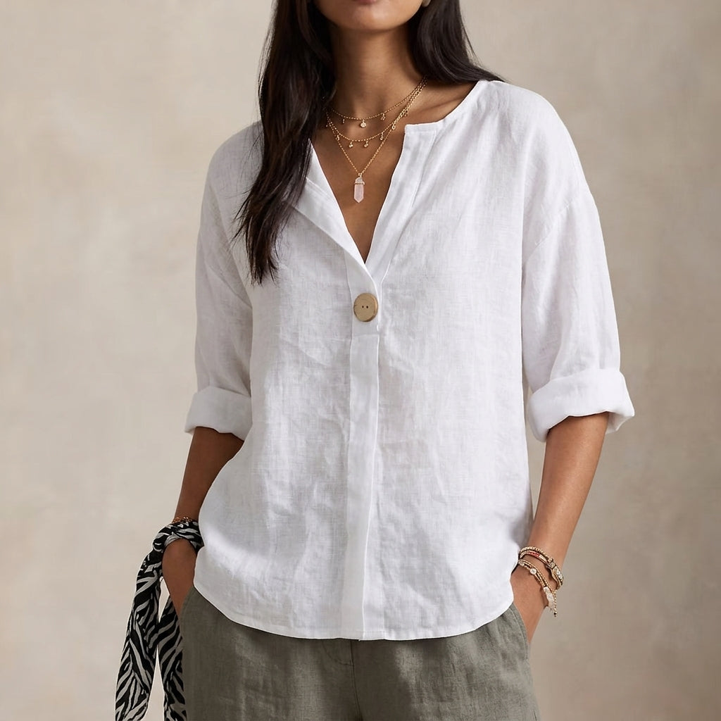 Relaxed Linen Blouse with V-Neckline and Single Button
