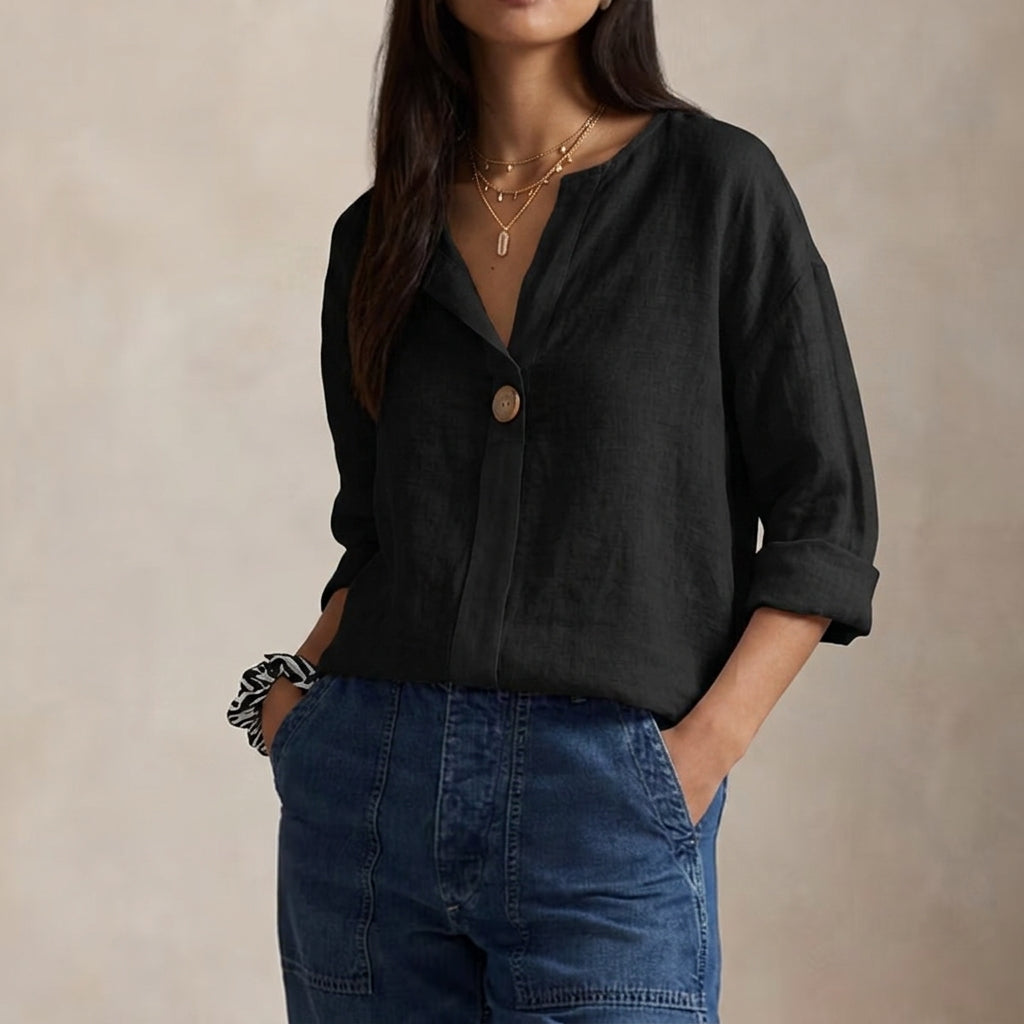 Relaxed Linen Blouse with V-Neckline and Single Button
