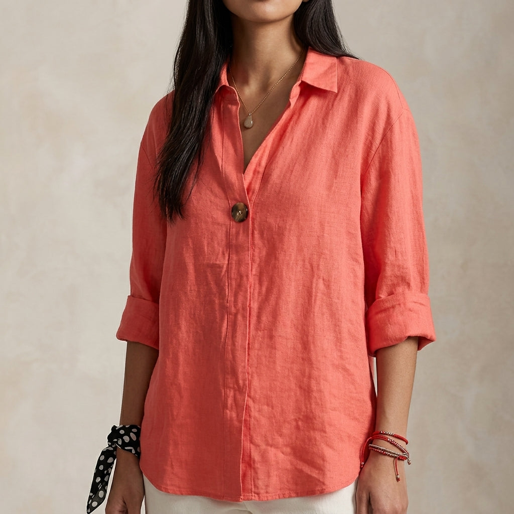 Relaxed Linen Blouse with V-Neckline and Single Button