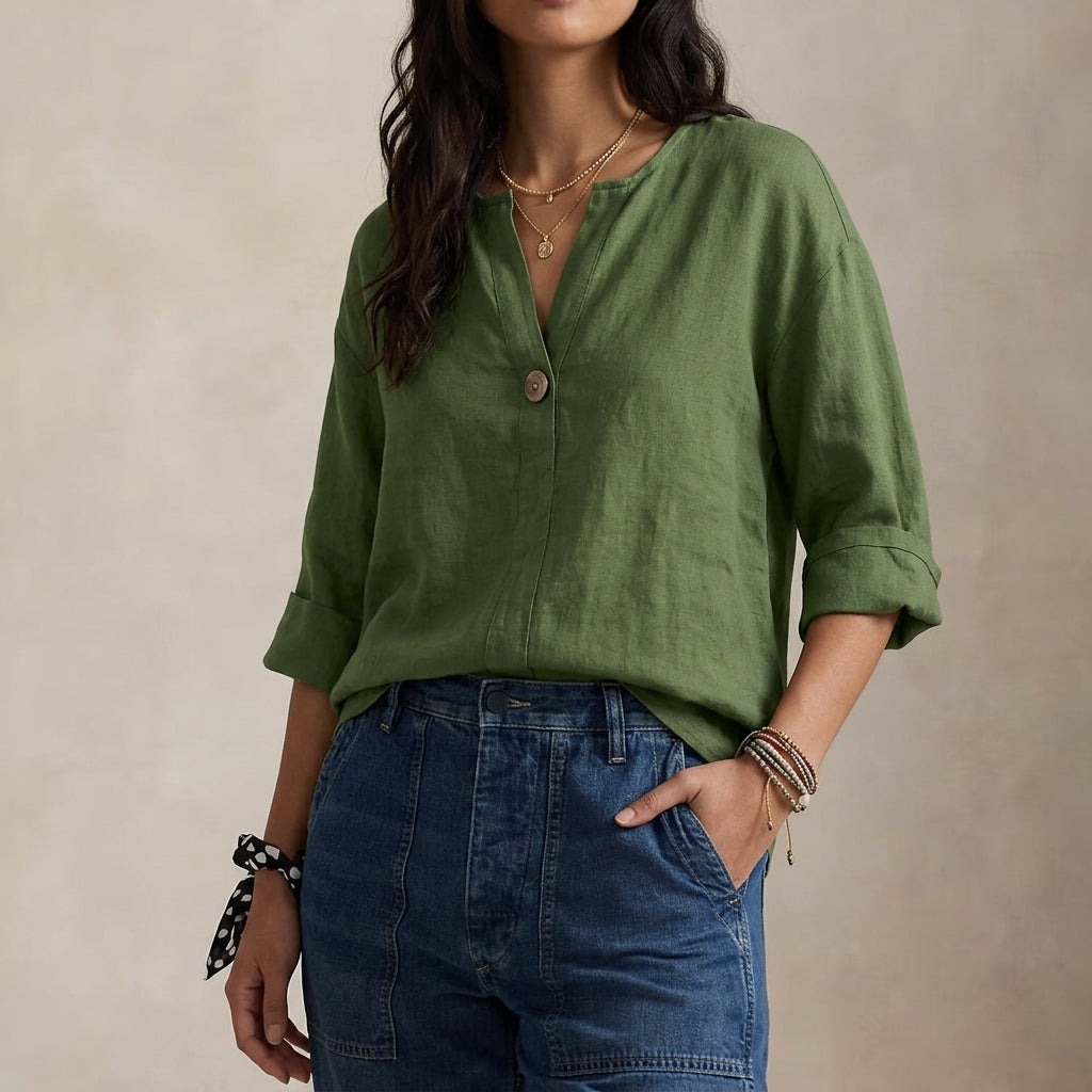 Relaxed Linen Blouse with V-Neckline and Single Button