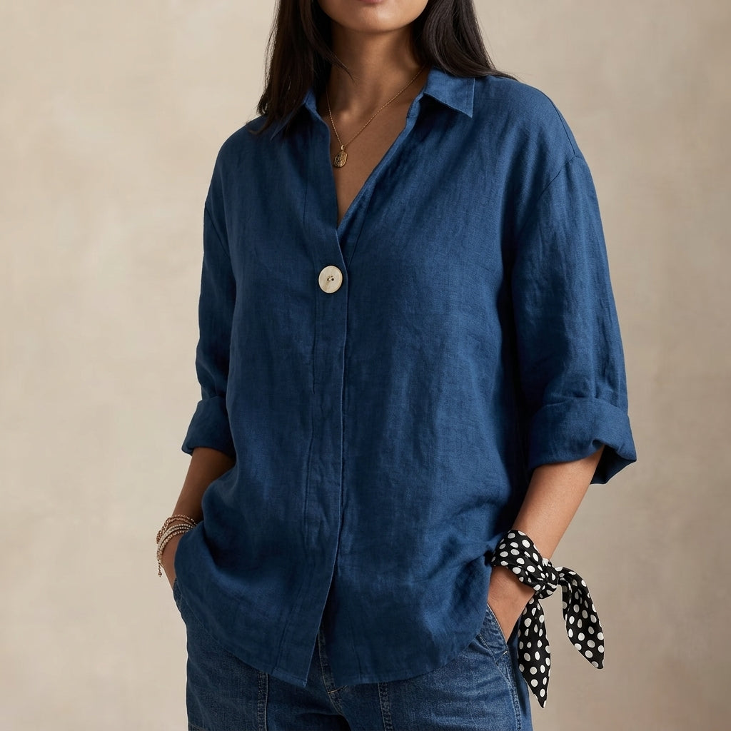 Relaxed Linen Blouse with V-Neckline and Single Button