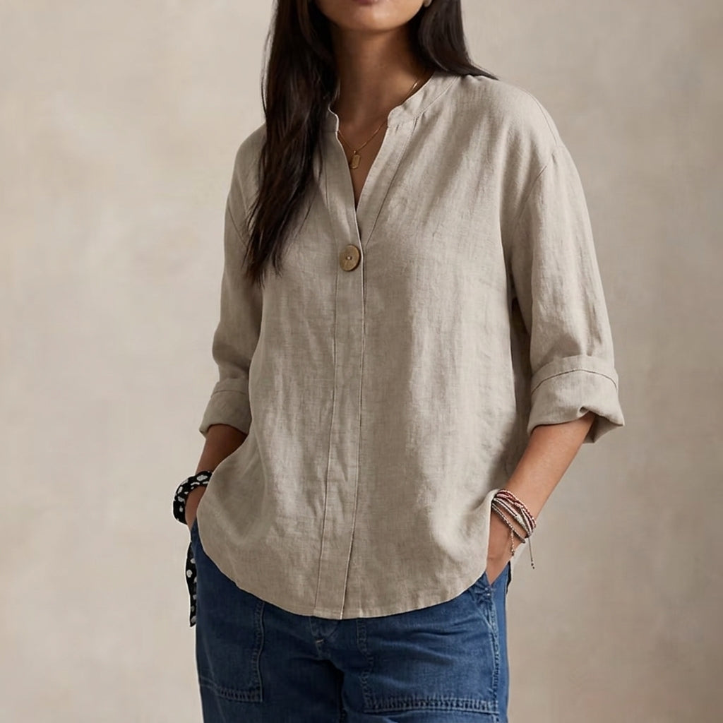 Relaxed Linen Blouse with V-Neckline and Single Button