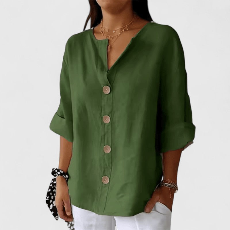 Relaxed Linen Button Up Blouse with V-Neckline and Roll Sleeves
