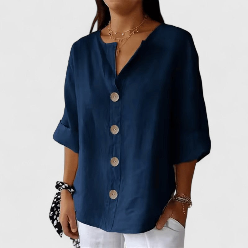 Relaxed Linen Button Up Blouse with V-Neckline and Roll Sleeves