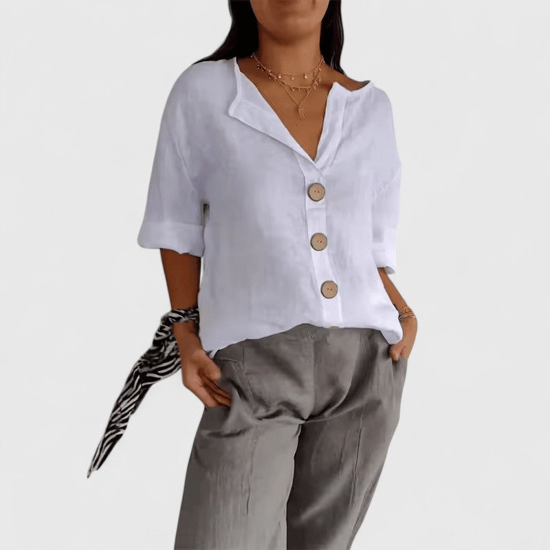 Relaxed Linen Button Up Blouse with V-Neckline and Roll Sleeves