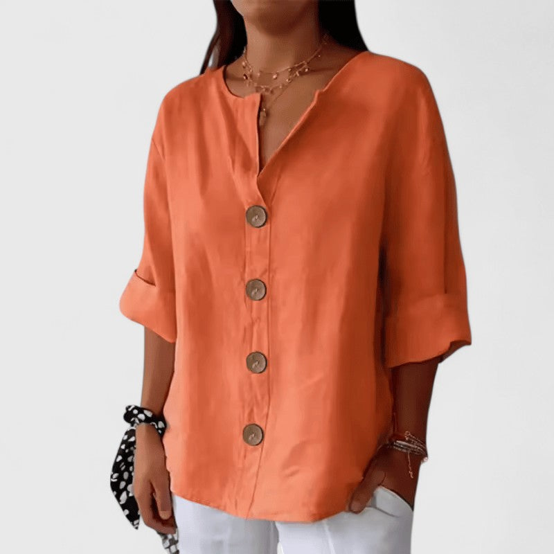 Relaxed Linen Button Up Blouse with V-Neckline and Roll Sleeves