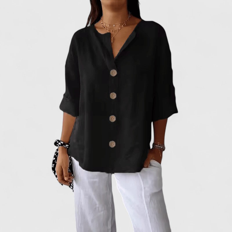 Relaxed Linen Button Up Blouse with V-Neckline and Roll Sleeves