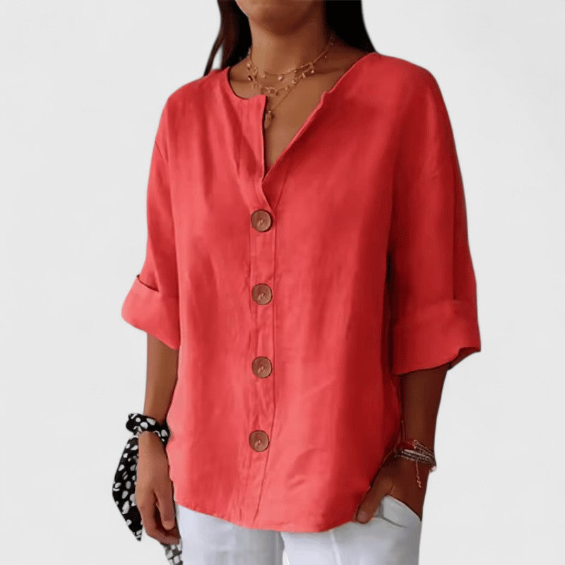 Relaxed Linen Button Up Blouse with V-Neckline and Roll Sleeves