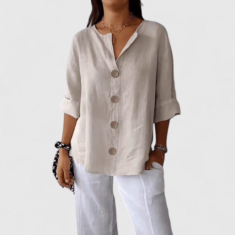 Relaxed Linen Button Up Blouse with V-Neckline and Roll Sleeves