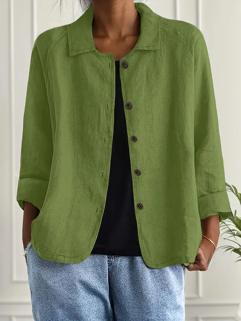 Relaxed Linen Button Up Shirt with Collar and Three Quarter Sleeves