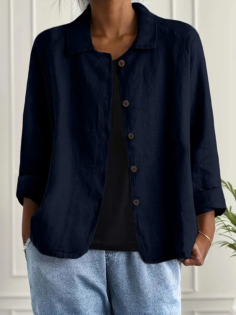 Relaxed Linen Button Up Shirt with Collar and Three Quarter Sleeves