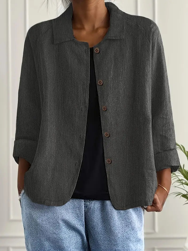 Relaxed Linen Button Up Shirt with Collar and Three Quarter Sleeves