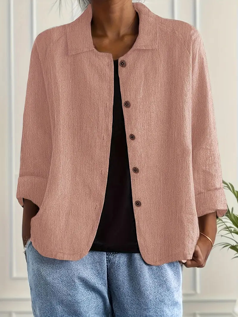 Relaxed Linen Button Up Shirt with Collar and Three Quarter Sleeves