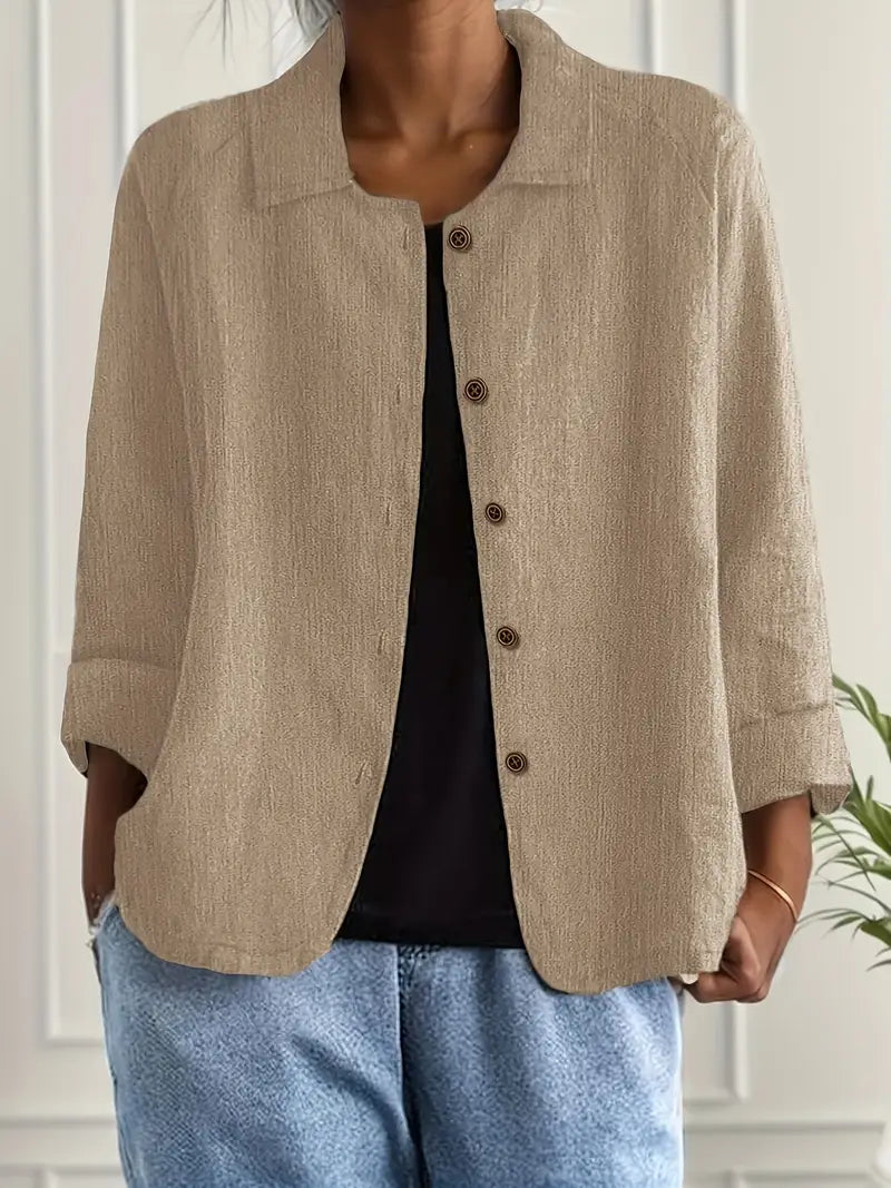 Relaxed Linen Button Up Shirt with Collar and Three Quarter Sleeves