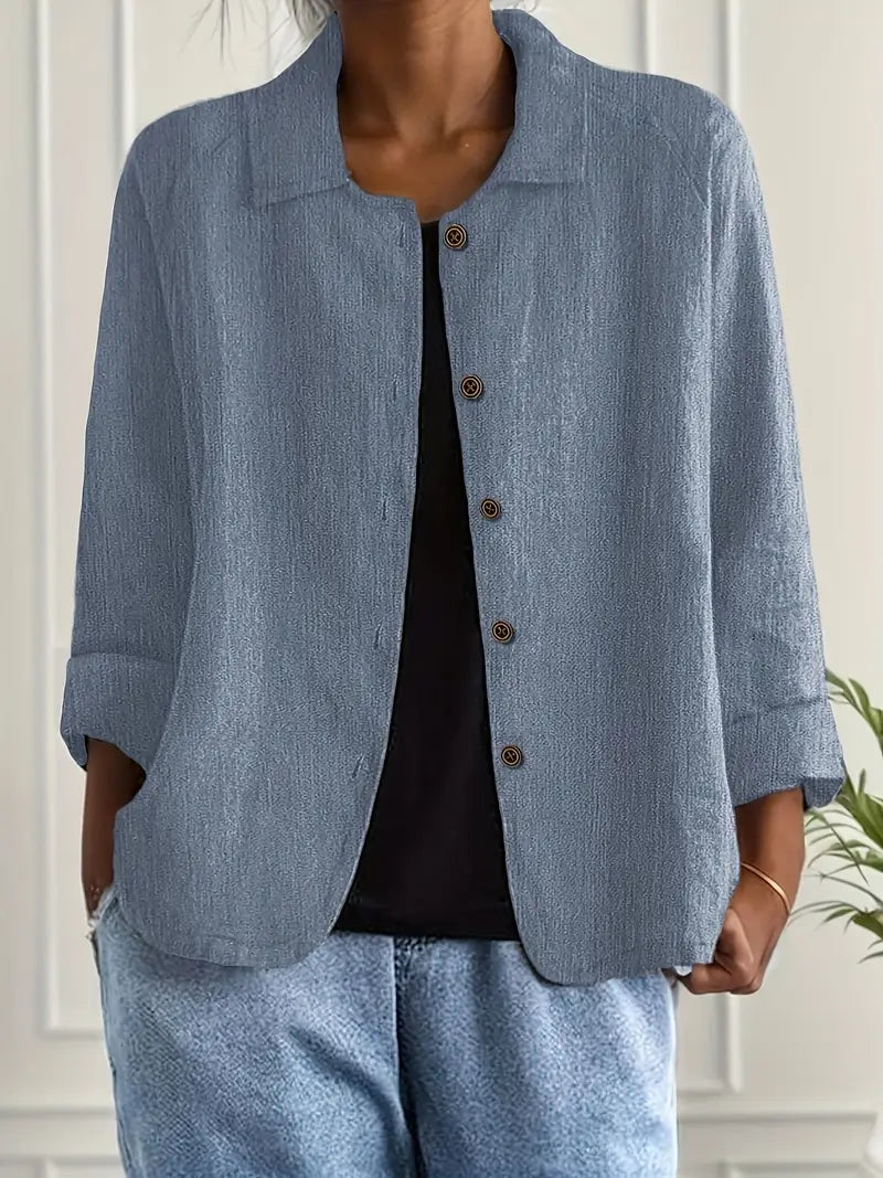 Relaxed Linen Button Up Shirt with Collar and Three Quarter Sleeves