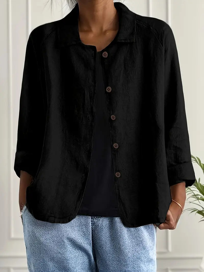 Relaxed Linen Button Up Shirt with Collar and Three Quarter Sleeves