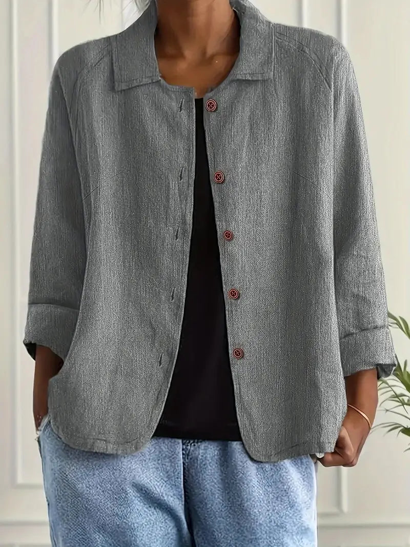 Relaxed Linen Button Up Shirt with Collar and Three Quarter Sleeves