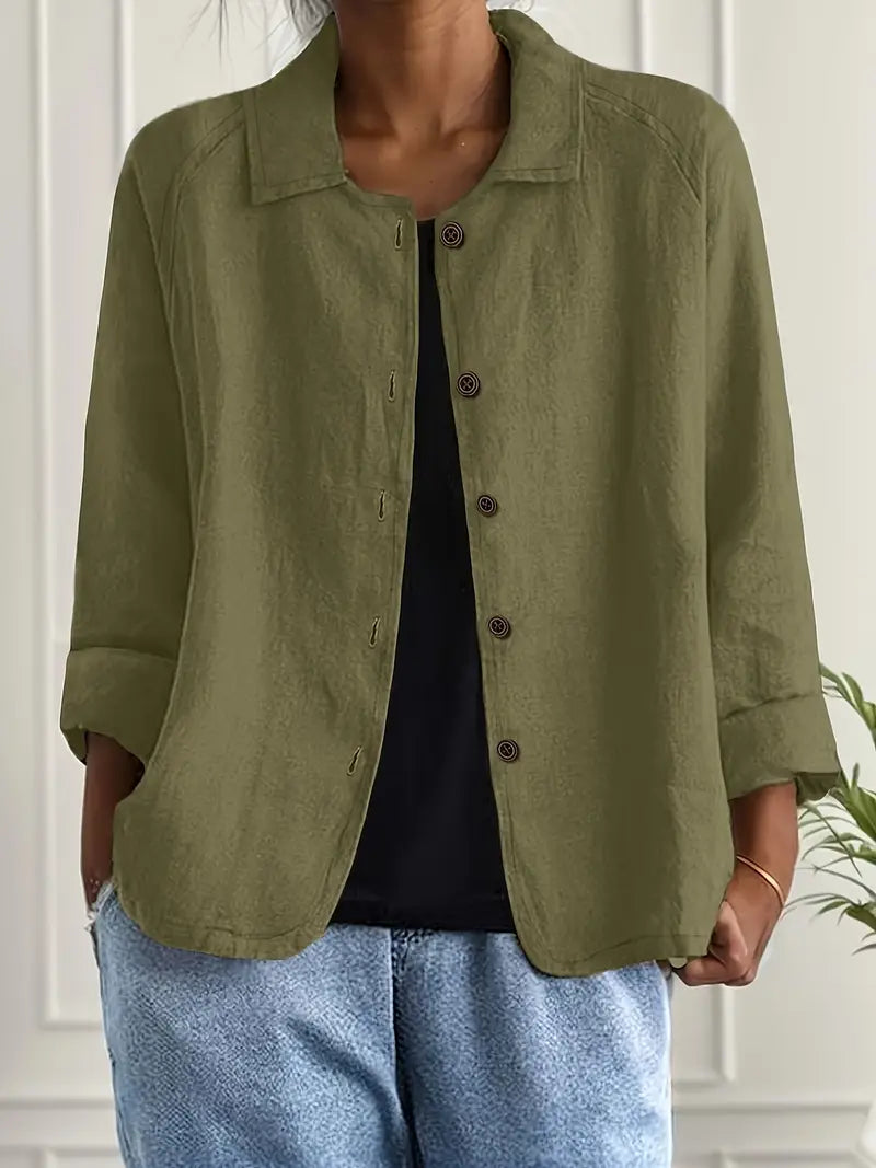 Relaxed Linen Button Up Shirt with Collar and Three Quarter Sleeves
