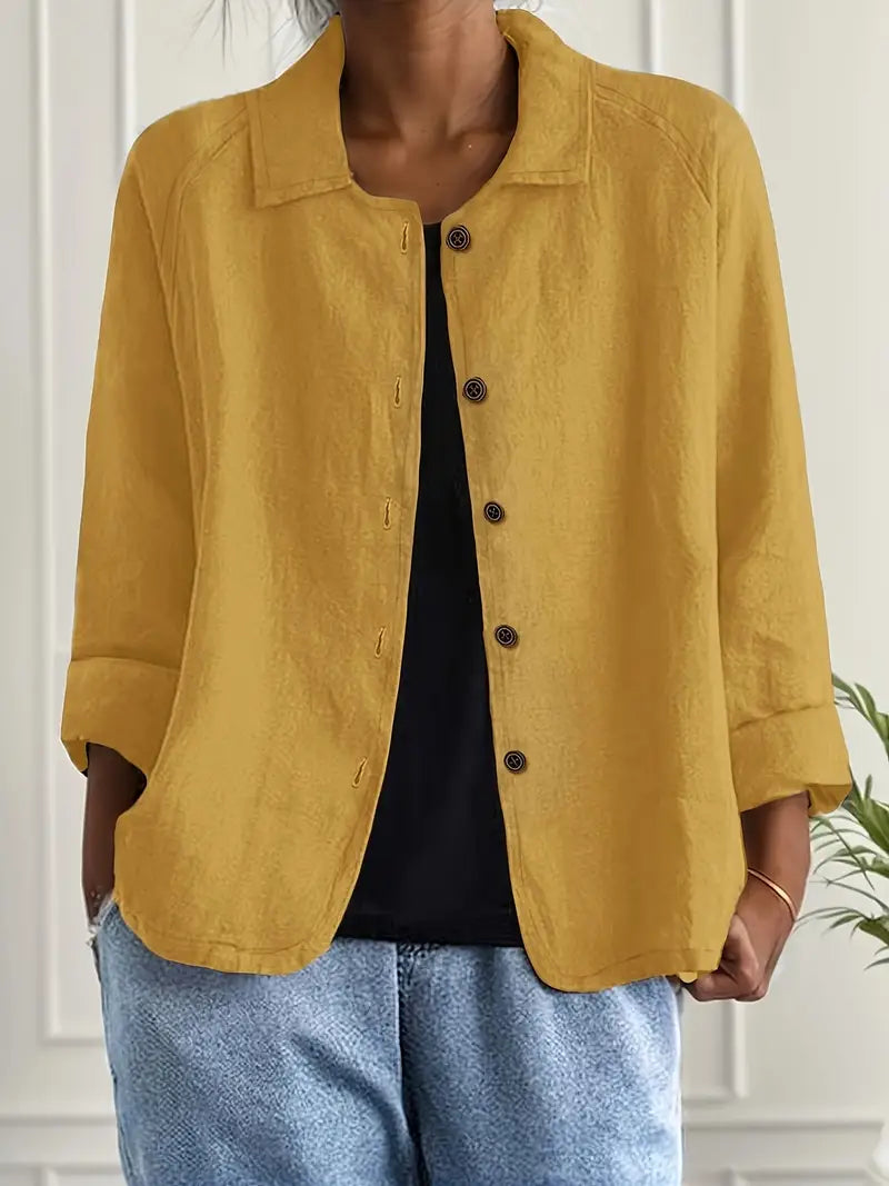 Relaxed Linen Button Up Shirt with Collar and Three Quarter Sleeves