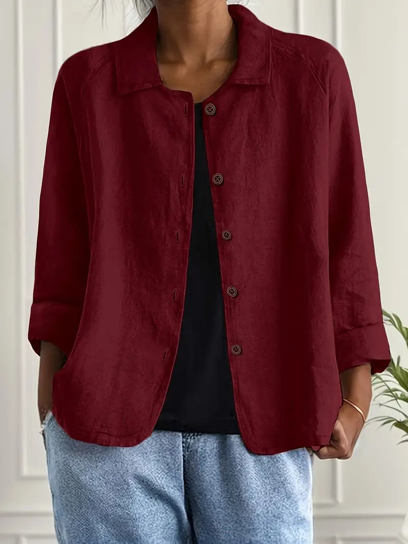 Relaxed Linen Button Up Shirt with Collar and Three Quarter Sleeves