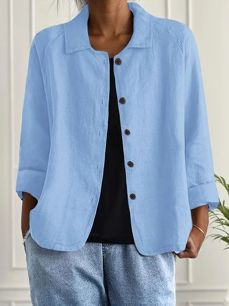 Relaxed Linen Button Up Shirt with Collar and Three Quarter Sleeves