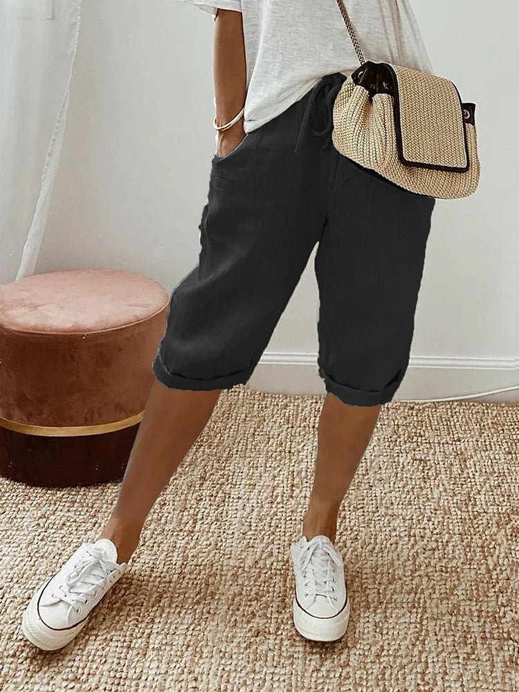 Relaxed Linen Cropped Trousers with Elasticated Waist and Drawstring