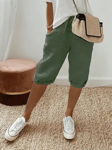 Relaxed Linen Cropped Trousers with Elasticated Waist and Drawstring