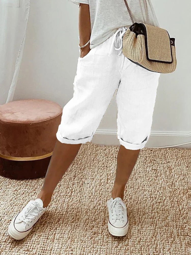 Relaxed Linen Cropped Trousers with Elasticated Waist and Drawstring