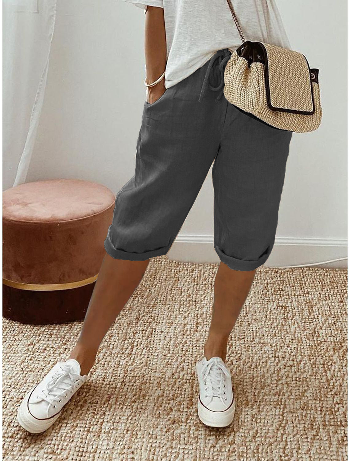 Relaxed Linen Cropped Trousers with Elasticated Waist and Drawstring