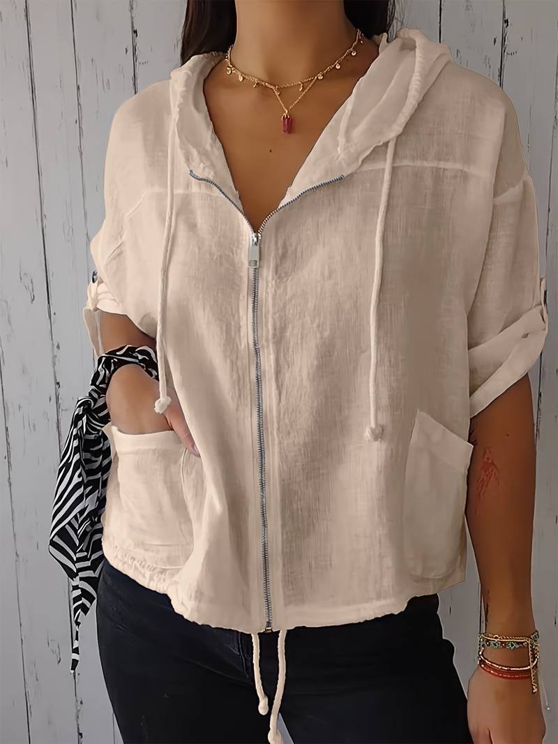 Relaxed Linen Hooded Jacket with Drawstring Hem and Front Pockets