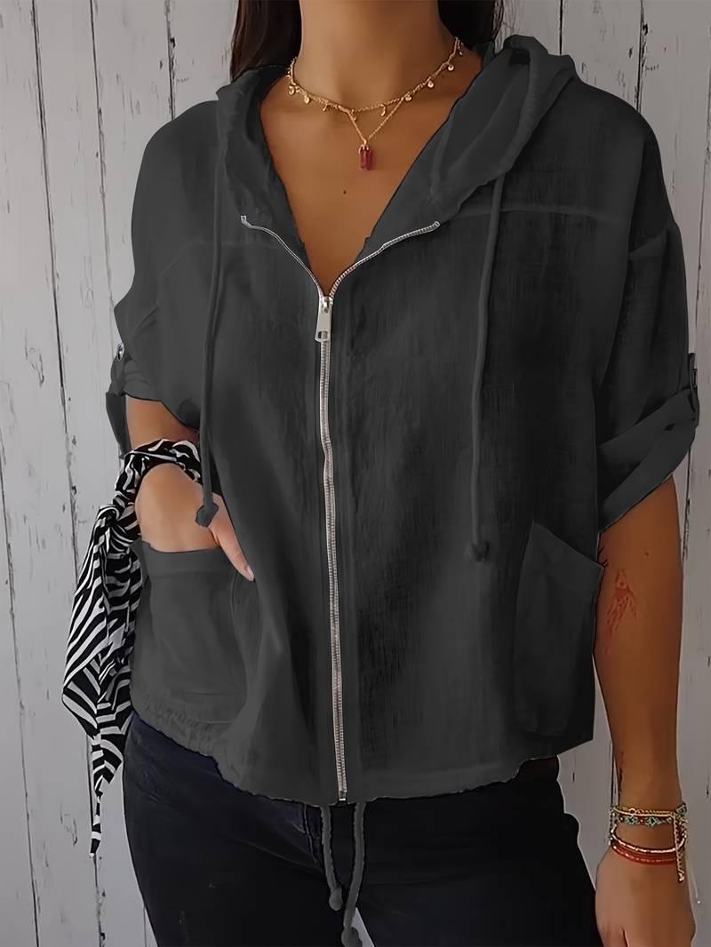 Relaxed Linen Hooded Jacket with Drawstring Hem and Front Pockets