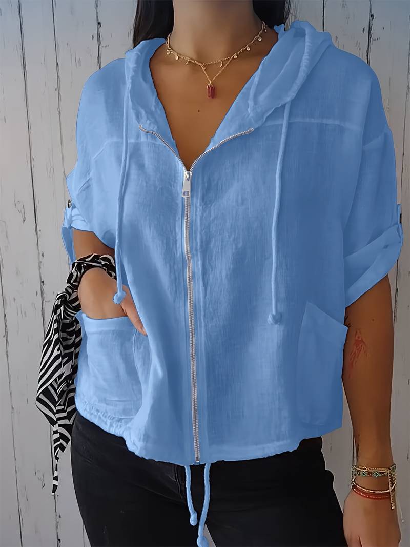 Relaxed Linen Hooded Jacket with Drawstring Hem and Front Pockets