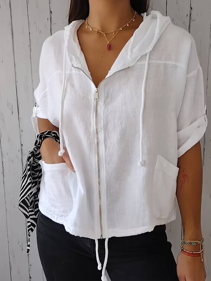 Relaxed Linen Hooded Jacket with Drawstring Hem and Front Pockets