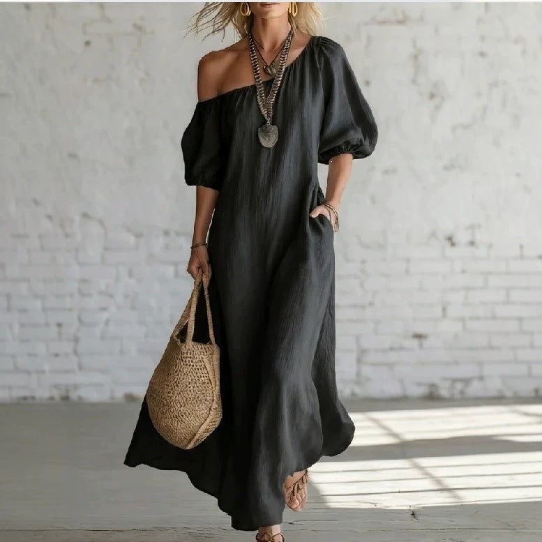 Relaxed Linen Maxi Dress with Off-Shoulder Neckline and Puff Sleeves