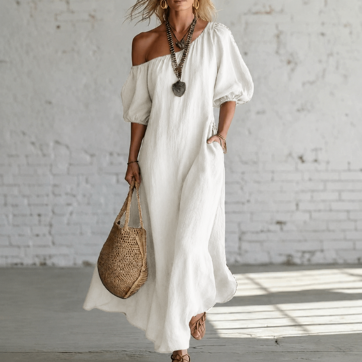 Relaxed Linen Maxi Dress with Off-Shoulder Neckline and Puff Sleeves