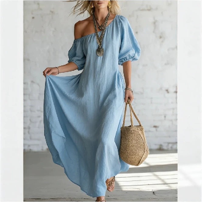 Relaxed Linen Maxi Dress with Off-Shoulder Neckline and Puff Sleeves