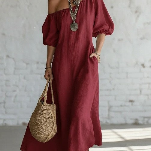 Relaxed Linen Maxi Dress with Off-Shoulder Neckline and Puff Sleeves